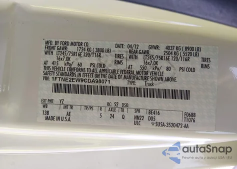 2012 Ford E-250 Commercial z USA, uszkodzony, nr VIN 1FTNE2EW9CDA98071